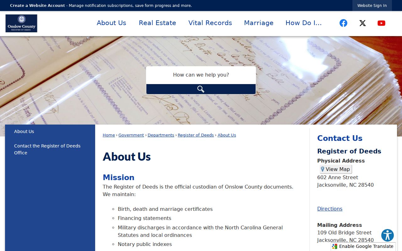 Onslow County residents directory Register of Deeds records page