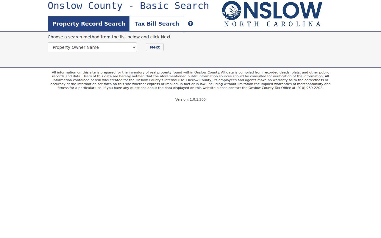 Onslow County residents directory Tax Office property search screen