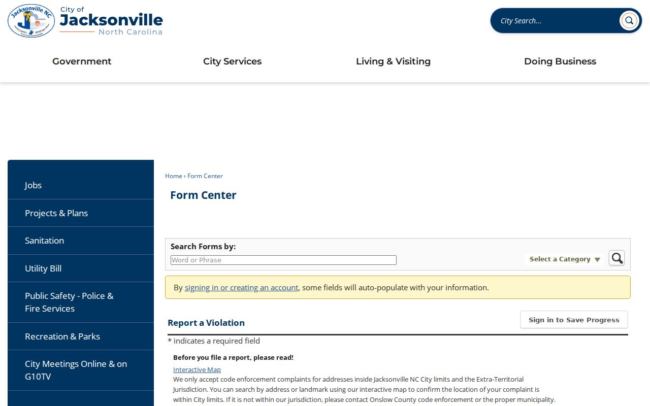 Jacksonville report a violation form with address-based municipal guidance