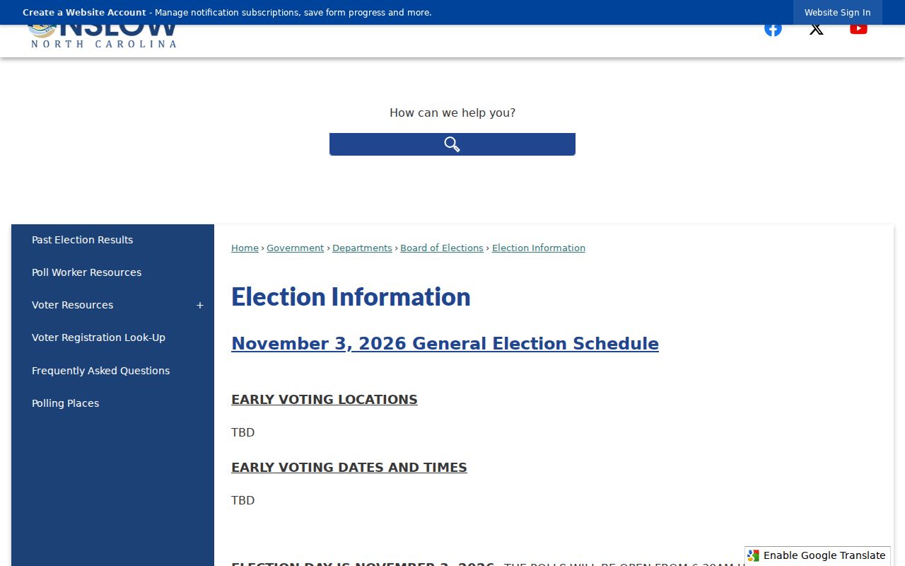 Onslow County election information page with voter result guidance and local election contacts