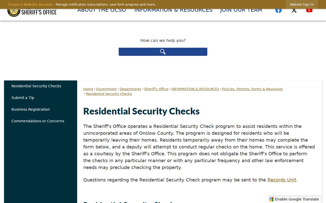 Onslow County Sheriff's residential security-check form and service information