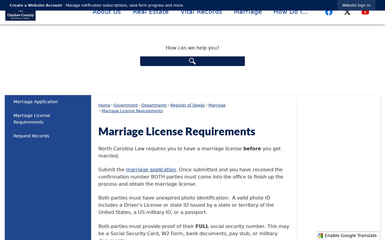 Onslow County previous residents vital record and marriage request information