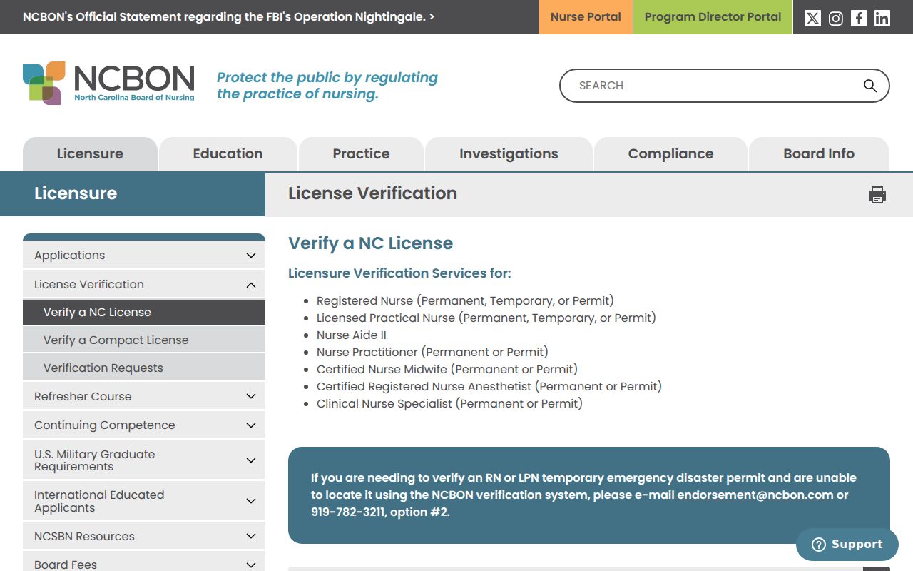 North Carolina Board of Nursing verification page for license or name searches