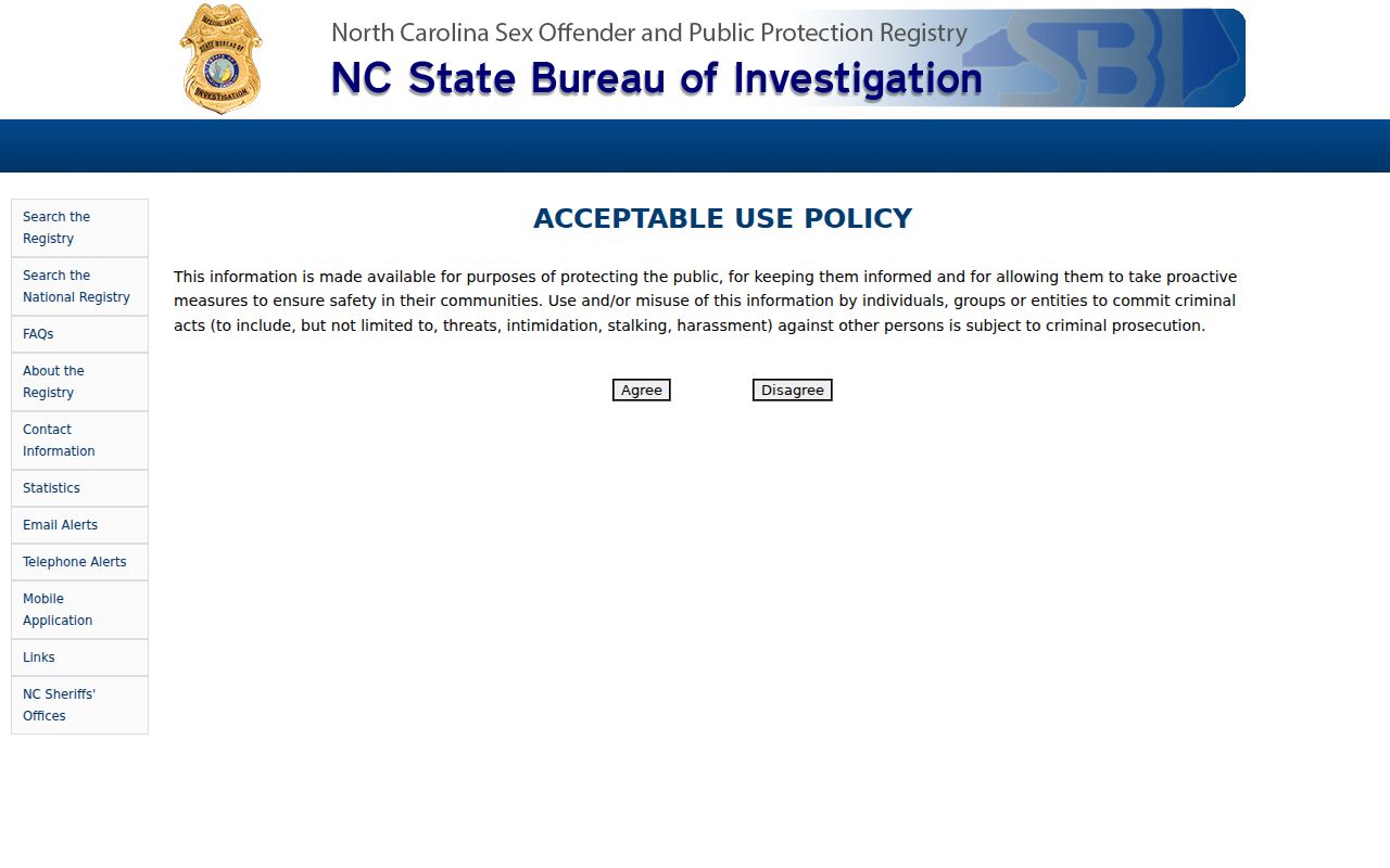 North Carolina Sex Offender Registry public search landing page