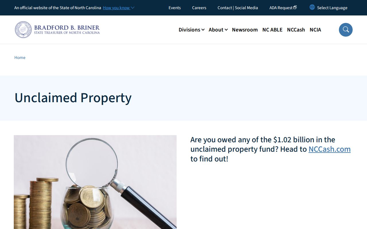 North Carolina Treasurer page directing visitors to unclaimed property search