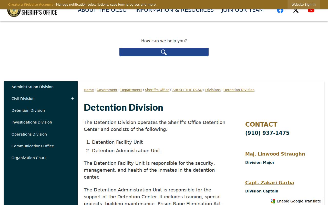 Onslow County Detention Division page with booking, visitation, and facility contacts