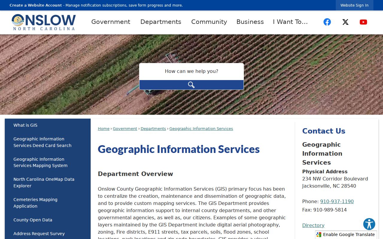 Onslow County street directory GIS department information page