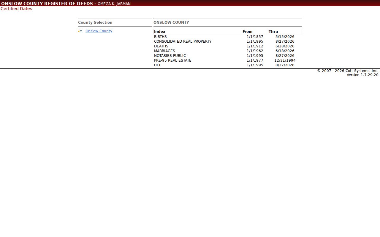 Onslow County street directory Register of Deeds certified index dates