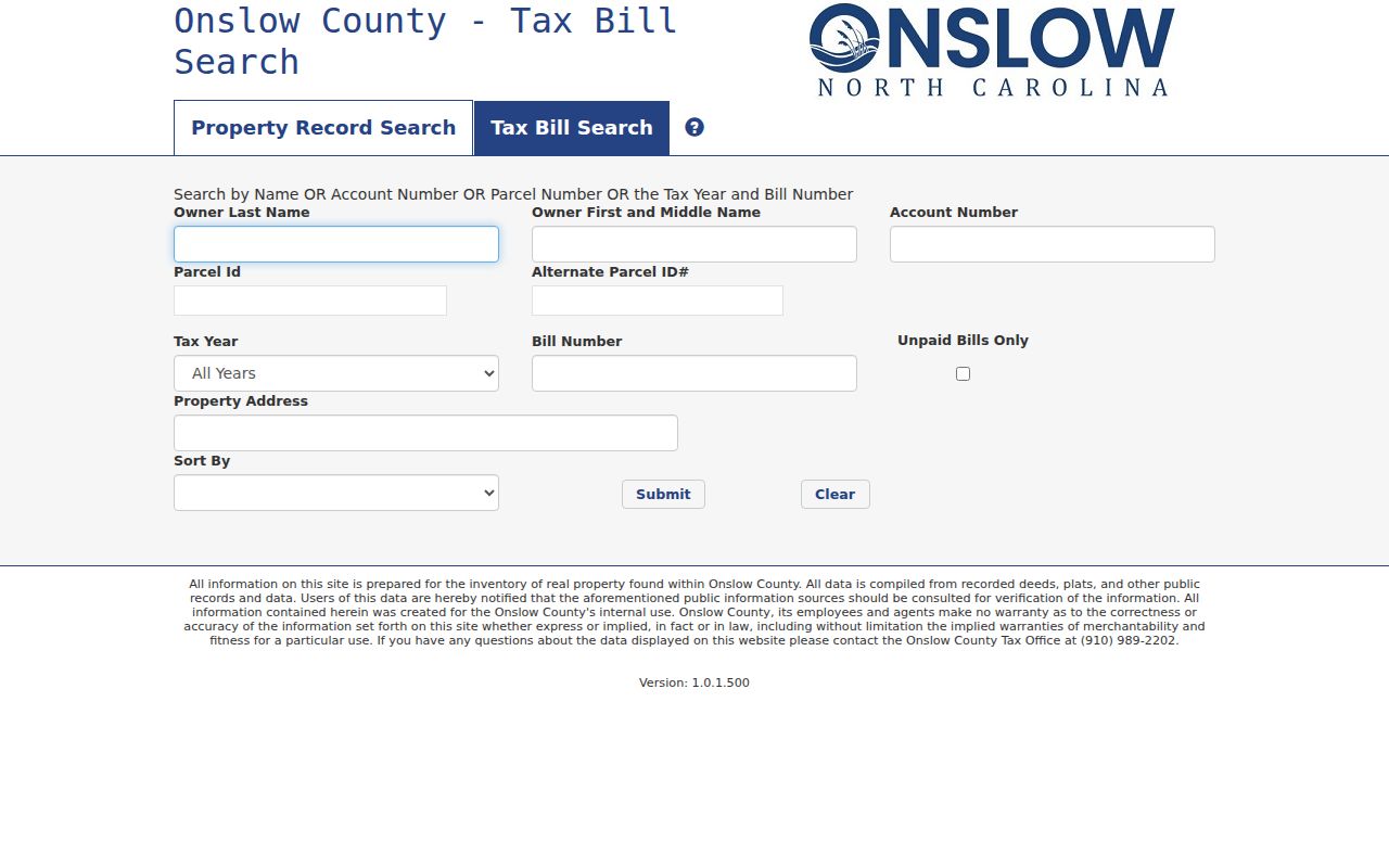 Onslow County street directory Tax Bill Search controls